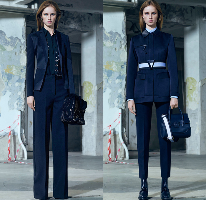 Versace 2016 Pre Fall Autumn Womens Lookbook Presentation - Polished Urban Daywear Tailored Sleek Masculine Column Dress Flowers Floral Embroidery Bedazzled Metallic Studs Frayed Raw Hem Cutout Open Shoulders Chunky Knit Sweater Outerwear Trench Coat Jacket Biker Halter Top Gown Pantsuit Banded Strap Mesh Meandros Greek Fret Key Strapless Noodle Strap Boots Blouse Furry Plush Asymmetrical Hem Balloon Sleeves Backpack