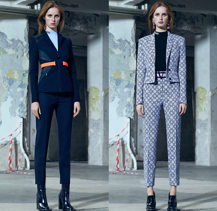 Versace 2016 Pre Fall Autumn Womens Lookbook Presentation - Polished Urban Daywear Tailored Sleek Masculine Column Dress Flowers Floral Embroidery Bedazzled Metallic Studs Frayed Raw Hem Cutout Open Shoulders Chunky Knit Sweater Outerwear Trench Coat Jacket Biker Halter Top Gown Pantsuit Banded Strap Mesh Meandros Greek Fret Key Strapless Noodle Strap Boots Blouse Furry Plush Asymmetrical Hem Balloon Sleeves Backpack