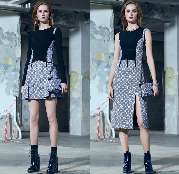 Versace 2016 Pre Fall Autumn Womens Lookbook Presentation - Polished Urban Daywear Tailored Sleek Masculine Column Dress Flowers Floral Embroidery Bedazzled Metallic Studs Frayed Raw Hem Cutout Open Shoulders Chunky Knit Sweater Outerwear Trench Coat Jacket Biker Halter Top Gown Pantsuit Banded Strap Mesh Meandros Greek Fret Key Strapless Noodle Strap Boots Blouse Furry Plush Asymmetrical Hem Balloon Sleeves Backpack