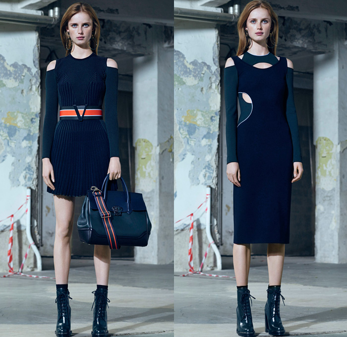 Versace 2016 Pre Fall Autumn Womens Lookbook Presentation - Polished Urban Daywear Tailored Sleek Masculine Column Dress Flowers Floral Embroidery Bedazzled Metallic Studs Frayed Raw Hem Cutout Open Shoulders Chunky Knit Sweater Outerwear Trench Coat Jacket Biker Halter Top Gown Pantsuit Banded Strap Mesh Meandros Greek Fret Key Strapless Noodle Strap Boots Blouse Furry Plush Asymmetrical Hem Balloon Sleeves Backpack