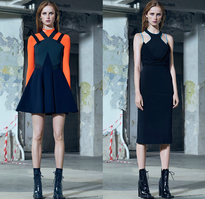 Versace 2016 Pre Fall Autumn Womens Lookbook Presentation - Polished Urban Daywear Tailored Sleek Masculine Column Dress Flowers Floral Embroidery Bedazzled Metallic Studs Frayed Raw Hem Cutout Open Shoulders Chunky Knit Sweater Outerwear Trench Coat Jacket Biker Halter Top Gown Pantsuit Banded Strap Mesh Meandros Greek Fret Key Strapless Noodle Strap Boots Blouse Furry Plush Asymmetrical Hem Balloon Sleeves Backpack