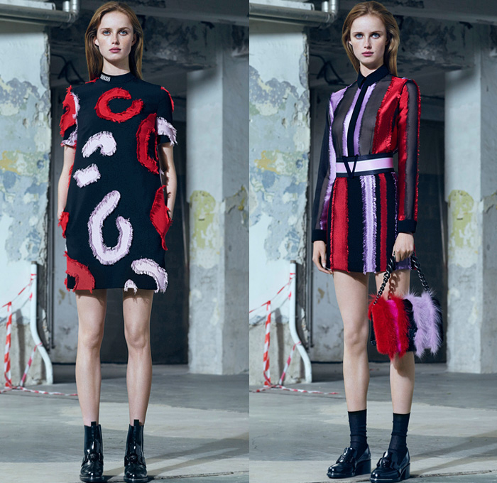 Versace 2016 Pre Fall Autumn Womens Lookbook Presentation - Polished Urban Daywear Tailored Sleek Masculine Column Dress Flowers Floral Embroidery Bedazzled Metallic Studs Frayed Raw Hem Cutout Open Shoulders Chunky Knit Sweater Outerwear Trench Coat Jacket Biker Halter Top Gown Pantsuit Banded Strap Mesh Meandros Greek Fret Key Strapless Noodle Strap Boots Blouse Furry Plush Asymmetrical Hem Balloon Sleeves Backpack