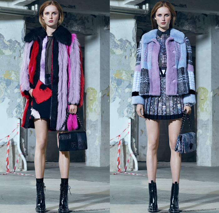 Versace 2016 Pre Fall Autumn Womens Lookbook Presentation - Polished Urban Daywear Tailored Sleek Masculine Column Dress Flowers Floral Embroidery Bedazzled Metallic Studs Frayed Raw Hem Cutout Open Shoulders Chunky Knit Sweater Outerwear Trench Coat Jacket Biker Halter Top Gown Pantsuit Banded Strap Mesh Meandros Greek Fret Key Strapless Noodle Strap Boots Blouse Furry Plush Asymmetrical Hem Balloon Sleeves Backpack