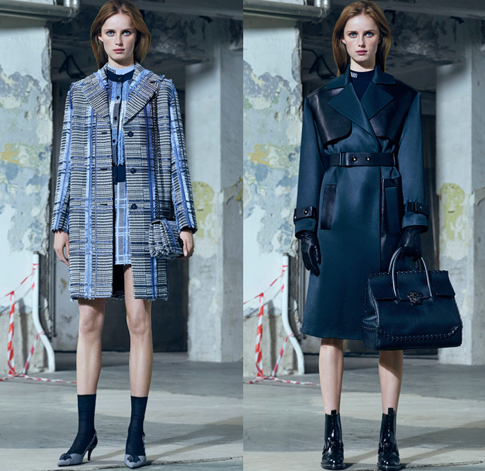 Versace 2016 Pre Fall Autumn Womens Lookbook Presentation - Polished Urban Daywear Tailored Sleek Masculine Column Dress Flowers Floral Embroidery Bedazzled Metallic Studs Frayed Raw Hem Cutout Open Shoulders Chunky Knit Sweater Outerwear Trench Coat Jacket Biker Halter Top Gown Pantsuit Banded Strap Mesh Meandros Greek Fret Key Strapless Noodle Strap Boots Blouse Furry Plush Asymmetrical Hem Balloon Sleeves Backpack