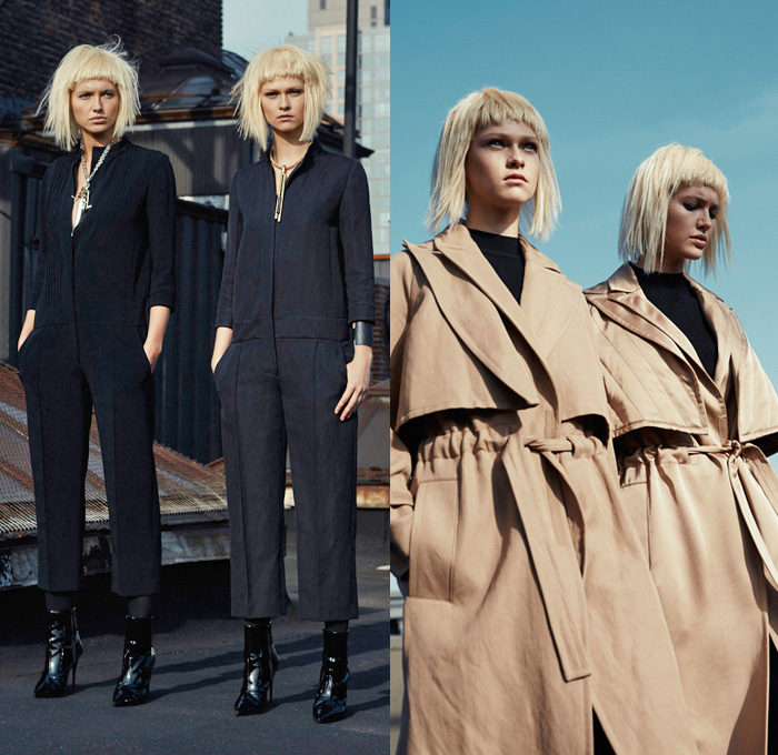 Victor Alfaro 2016 Pre Fall Autumn Womens Lookbook Presentation - Urban Knit Merino Lace Outerwear Trench Coat Wide Leg Trousers Palazzo Pants Culottes Gauchos Blouse Tunic Shirt Dress Leggings Stockings Tights Accordion Pleats Silk Satin Embroidery Onesie Jumpsuit Coveralls Boiler Suit Cinch Waist