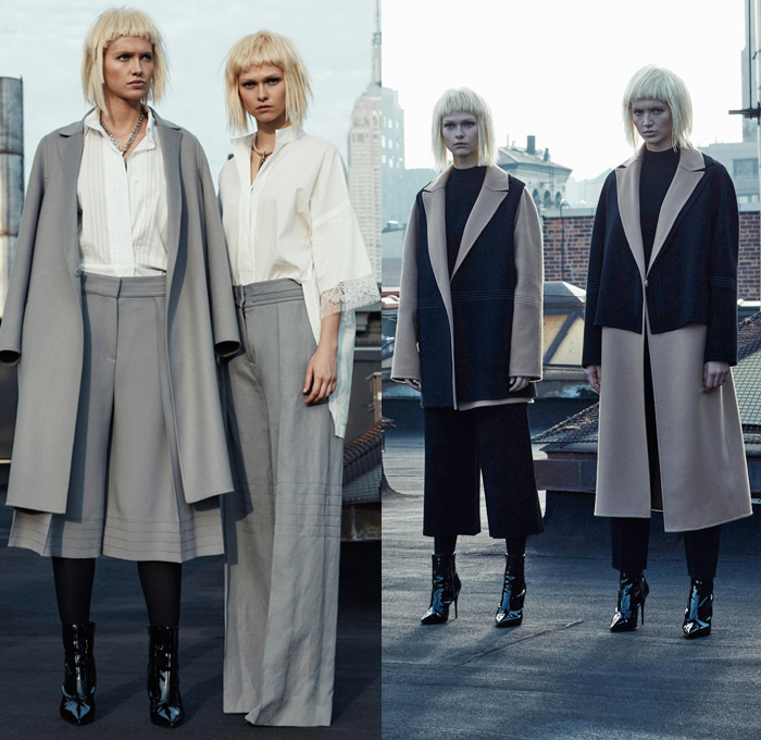 Victor Alfaro 2016 Pre Fall Autumn Womens Lookbook Presentation - Urban Knit Merino Lace Outerwear Trench Coat Wide Leg Trousers Palazzo Pants Culottes Gauchos Blouse Tunic Shirt Dress Leggings Stockings Tights Accordion Pleats Silk Satin Embroidery Onesie Jumpsuit Coveralls Boiler Suit Cinch Waist