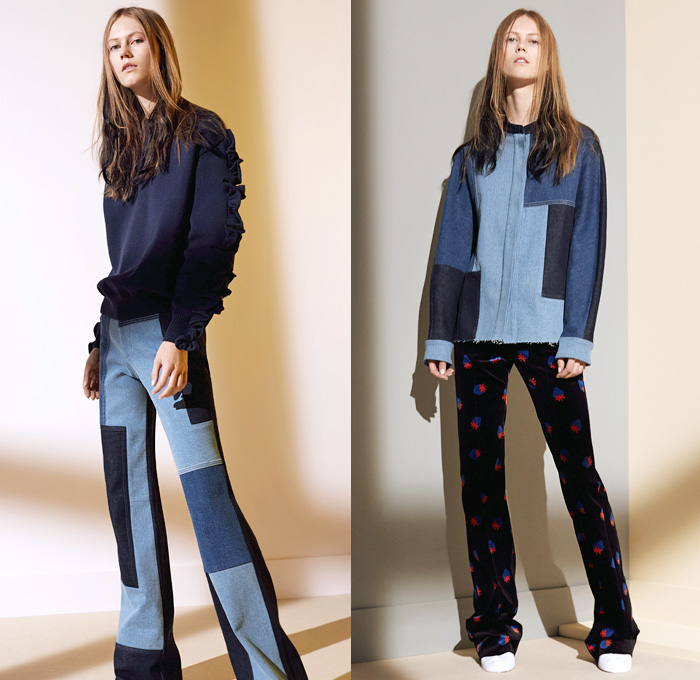 Victoria, Victoria Beckham 2016 Pre Fall Autumn Womens Lookbook Presentation - Patchwork Denim Jeans Fruits Strawberry Cherries Bananas Cocktail Drinks Pop Art Fauna Leaves Foliage Flowers Floral Broche Bedazzled Ruffles Knit Sweater Jumper Pinstripe Wide Leg Trousers Palazzo Pants Flare Blouse Frayed Dress Asymmetrical Hem Skirt Frock Sleepwear Pajamas Loungewear Bomber Jacket Outerwear Coat Wrap Shorts