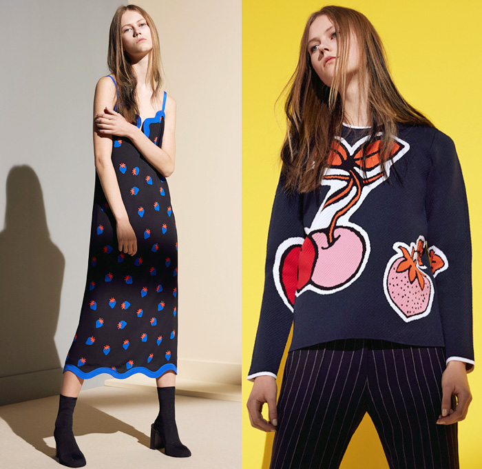 Victoria, Victoria Beckham 2016 Pre Fall Autumn Womens Lookbook Presentation - Patchwork Denim Jeans Fruits Strawberry Cherries Bananas Cocktail Drinks Pop Art Fauna Leaves Foliage Flowers Floral Broche Bedazzled Ruffles Knit Sweater Jumper Pinstripe Wide Leg Trousers Palazzo Pants Flare Blouse Frayed Dress Asymmetrical Hem Skirt Frock Sleepwear Pajamas Loungewear Bomber Jacket Outerwear Coat Wrap Shorts