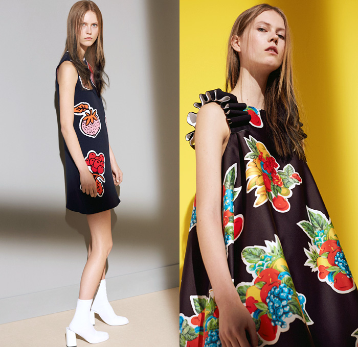 Victoria, Victoria Beckham 2016 Pre Fall Autumn Womens Lookbook Presentation - Patchwork Denim Jeans Fruits Strawberry Cherries Bananas Cocktail Drinks Pop Art Fauna Leaves Foliage Flowers Floral Broche Bedazzled Ruffles Knit Sweater Jumper Pinstripe Wide Leg Trousers Palazzo Pants Flare Blouse Frayed Dress Asymmetrical Hem Skirt Frock Sleepwear Pajamas Loungewear Bomber Jacket Outerwear Coat Wrap Shorts