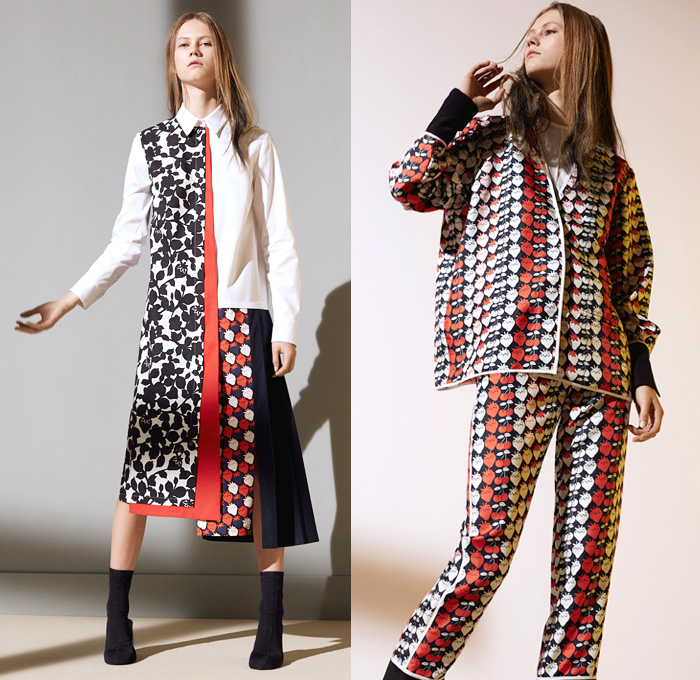 Victoria, Victoria Beckham 2016 Pre Fall Autumn Womens Lookbook Presentation - Patchwork Denim Jeans Fruits Strawberry Cherries Bananas Cocktail Drinks Pop Art Fauna Leaves Foliage Flowers Floral Broche Bedazzled Ruffles Knit Sweater Jumper Pinstripe Wide Leg Trousers Palazzo Pants Flare Blouse Frayed Dress Asymmetrical Hem Skirt Frock Sleepwear Pajamas Loungewear Bomber Jacket Outerwear Coat Wrap Shorts