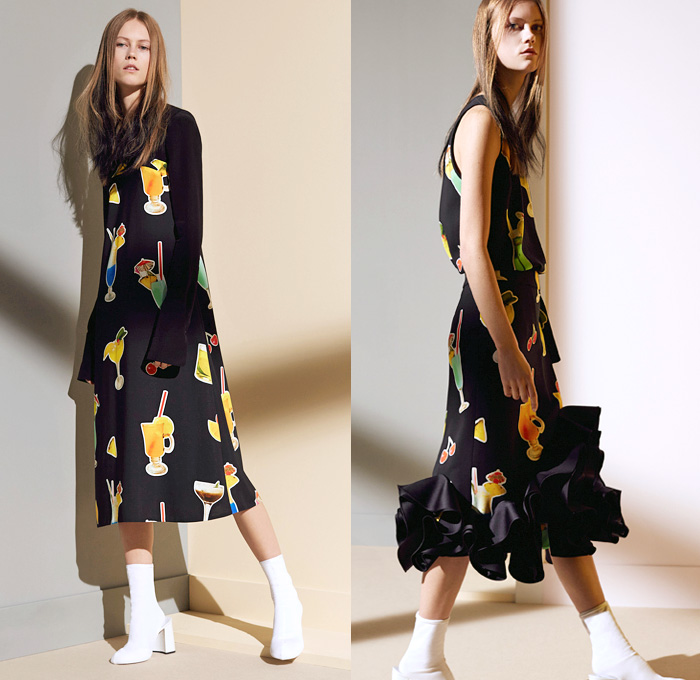 Victoria, Victoria Beckham 2016 Pre Fall Autumn Womens Lookbook Presentation - Patchwork Denim Jeans Fruits Strawberry Cherries Bananas Cocktail Drinks Pop Art Fauna Leaves Foliage Flowers Floral Broche Bedazzled Ruffles Knit Sweater Jumper Pinstripe Wide Leg Trousers Palazzo Pants Flare Blouse Frayed Dress Asymmetrical Hem Skirt Frock Sleepwear Pajamas Loungewear Bomber Jacket Outerwear Coat Wrap Shorts