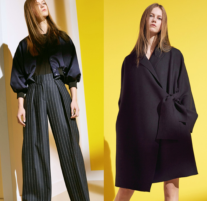 Victoria, Victoria Beckham 2016 Pre Fall Autumn Womens Lookbook Presentation - Patchwork Denim Jeans Fruits Strawberry Cherries Bananas Cocktail Drinks Pop Art Fauna Leaves Foliage Flowers Floral Broche Bedazzled Ruffles Knit Sweater Jumper Pinstripe Wide Leg Trousers Palazzo Pants Flare Blouse Frayed Dress Asymmetrical Hem Skirt Frock Sleepwear Pajamas Loungewear Bomber Jacket Outerwear Coat Wrap Shorts