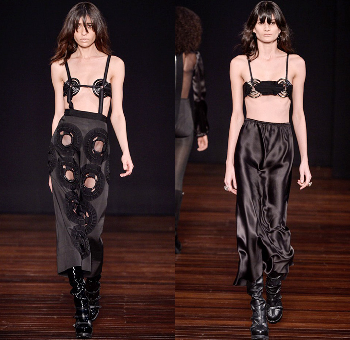 Alexandre Herchcovitch 2016 Winter Womens Runway Catwalk Looks - Temporada Inverno 2016 São Paulo Fashion Week Brazil Brasil Southern Hemisphere Moda Desfiles - Boudoir Silk Satin Eyelets Fetish Sheer Chiffon Tulle Cutout Turtleneck Maxi Dress Gown Plaid Tartan Check Halter Top Bralette Crop Top Fishnet Stockings Boots Lace Up Leotard Culottes Shirtdress Ribbons Drapery High Slit Zipper Bomber Jacket Stripes