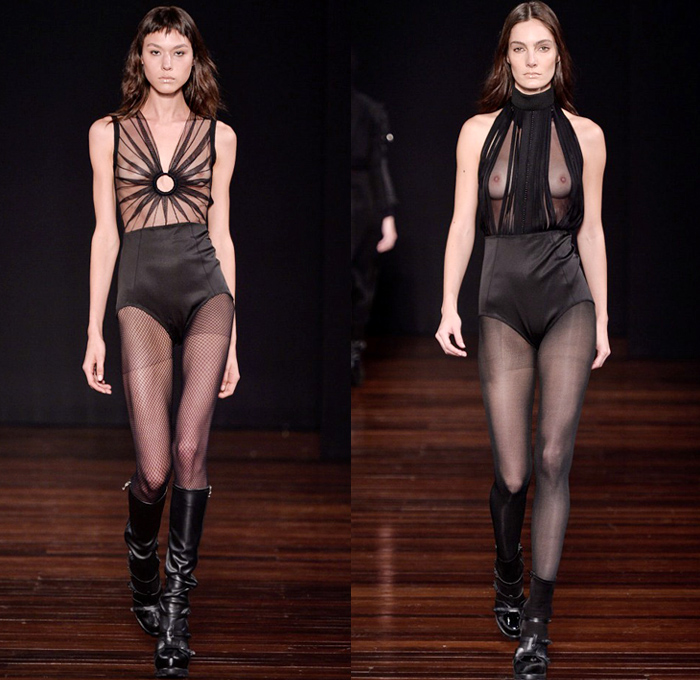 Alexandre Herchcovitch 2016 Winter Womens Runway Catwalk Looks - Temporada Inverno 2016 São Paulo Fashion Week Brazil Brasil Southern Hemisphere Moda Desfiles - Boudoir Silk Satin Eyelets Fetish Sheer Chiffon Tulle Cutout Turtleneck Maxi Dress Gown Plaid Tartan Check Halter Top Bralette Crop Top Fishnet Stockings Boots Lace Up Leotard Culottes Shirtdress Ribbons Drapery High Slit Zipper Bomber Jacket Stripes