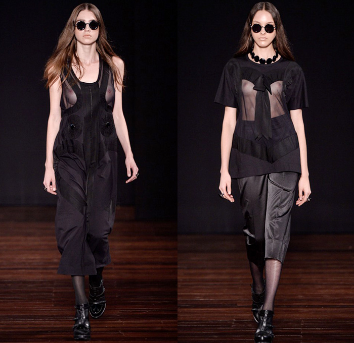 Alexandre Herchcovitch 2016 Winter Womens Runway Catwalk Looks - Temporada Inverno 2016 São Paulo Fashion Week Brazil Brasil Southern Hemisphere Moda Desfiles - Boudoir Silk Satin Eyelets Fetish Sheer Chiffon Tulle Cutout Turtleneck Maxi Dress Gown Plaid Tartan Check Halter Top Bralette Crop Top Fishnet Stockings Boots Lace Up Leotard Culottes Shirtdress Ribbons Drapery High Slit Zipper Bomber Jacket Stripes