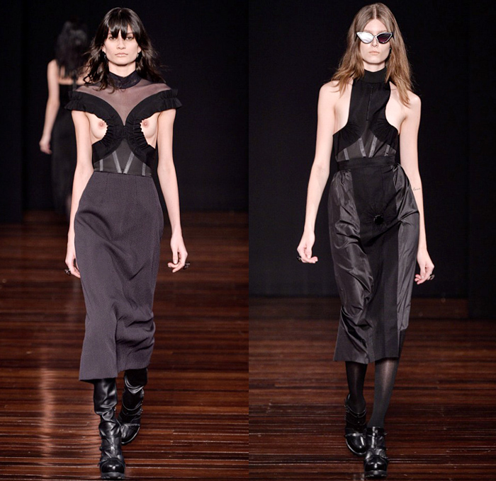 Alexandre Herchcovitch 2016 Winter Womens Runway Catwalk Looks - Temporada Inverno 2016 São Paulo Fashion Week Brazil Brasil Southern Hemisphere Moda Desfiles - Boudoir Silk Satin Eyelets Fetish Sheer Chiffon Tulle Cutout Turtleneck Maxi Dress Gown Plaid Tartan Check Halter Top Bralette Crop Top Fishnet Stockings Boots Lace Up Leotard Culottes Shirtdress Ribbons Drapery High Slit Zipper Bomber Jacket Stripes