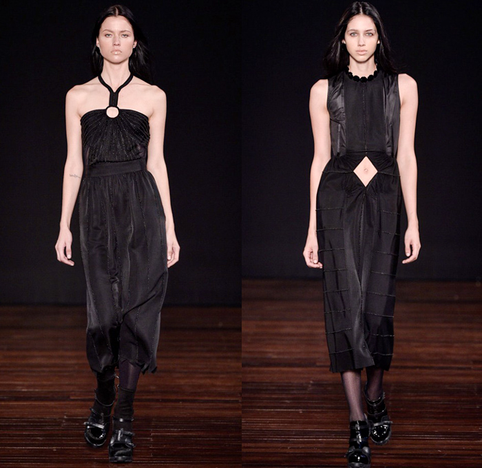 Alexandre Herchcovitch 2016 Winter Womens Runway Catwalk Looks - Temporada Inverno 2016 São Paulo Fashion Week Brazil Brasil Southern Hemisphere Moda Desfiles - Boudoir Silk Satin Eyelets Fetish Sheer Chiffon Tulle Cutout Turtleneck Maxi Dress Gown Plaid Tartan Check Halter Top Bralette Crop Top Fishnet Stockings Boots Lace Up Leotard Culottes Shirtdress Ribbons Drapery High Slit Zipper Bomber Jacket Stripes