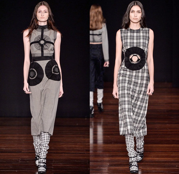 Alexandre Herchcovitch 2016 Winter Womens Runway Catwalk Looks - Temporada Inverno 2016 São Paulo Fashion Week Brazil Brasil Southern Hemisphere Moda Desfiles - Boudoir Silk Satin Eyelets Fetish Sheer Chiffon Tulle Cutout Turtleneck Maxi Dress Gown Plaid Tartan Check Halter Top Bralette Crop Top Fishnet Stockings Boots Lace Up Leotard Culottes Shirtdress Ribbons Drapery High Slit Zipper Bomber Jacket Stripes