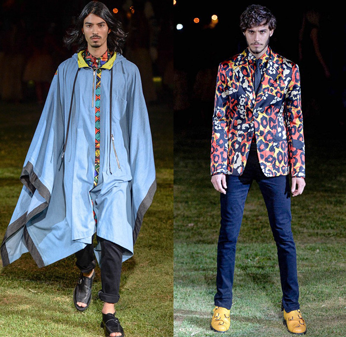 Cavalera 2015-2016 Spring Summer Mens Runway Catwalk Looks - Temporada Verão 2016 São Paulo Fashion Week Brazil Brasil Southern Hemisphere Moda Desfiles - Indian Tribe  Yawanawá Ethnic Folk Denim Jeans Sandals Suit Blazer Poncho Parka Anorak Hoodie Suit Geometric Outerwear Coat Onesie Jumpsuit Boiler Suit Coveralls