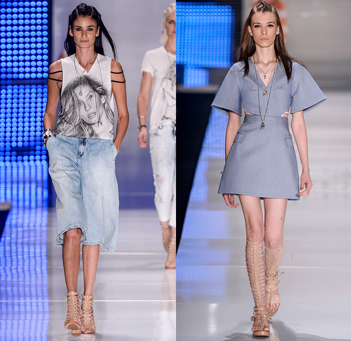 Colcci 2015-2016 Spring Summer Womens Runway Catwalk Looks - Verão 2016 São Paulo Fashion Week Brazil Southern Hemisphere Moda Desfiles - Flower Floral Punk Denim Jeans Vest Waistcoat Tribal Embroidery Skirt Frock Blouse Pinafore Dress Gladiator Sandals Shorts Culottes Gauchos Outerwear Parka Anorak Jacket Crop Top Midriff Hot Pants Stripes Silk Satin Windowpane Check Plaid Tartan Fish Scales Biker