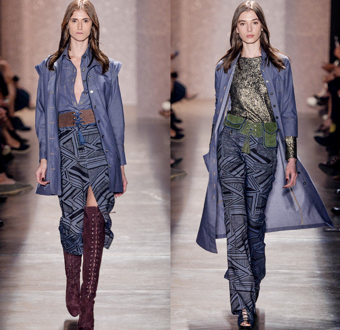 Lilly Sarti 2016 Winter Womens Runway Catwalk Looks - Temporada Inverno 2016 São Paulo Fashion Week Brazil Brasil Southern Hemisphere Moda Desfiles - Geometric Denim Jeans Crepe Pashmina Sheep Fur Shaggy Knit Leather 1970s Seventies Metallic Lace Up Pantsuit Turtleneck Noodle Strap Maxi Dress Crop Top Midriff Sweater Wide Leg Trousers Palazzo Pants Wrap Robe Sheer Chiffon Lasercut Drapery One Shoulder Paper Bag Waist