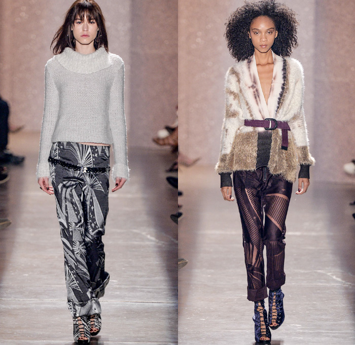 Lilly Sarti 2016 Winter Womens Runway Catwalk Looks - Temporada Inverno 2016 São Paulo Fashion Week Brazil Brasil Southern Hemisphere Moda Desfiles - Geometric Denim Jeans Crepe Pashmina Sheep Fur Shaggy Knit Leather 1970s Seventies Metallic Lace Up Pantsuit Turtleneck Noodle Strap Maxi Dress Crop Top Midriff Sweater Wide Leg Trousers Palazzo Pants Wrap Robe Sheer Chiffon Lasercut Drapery One Shoulder Paper Bag Waist