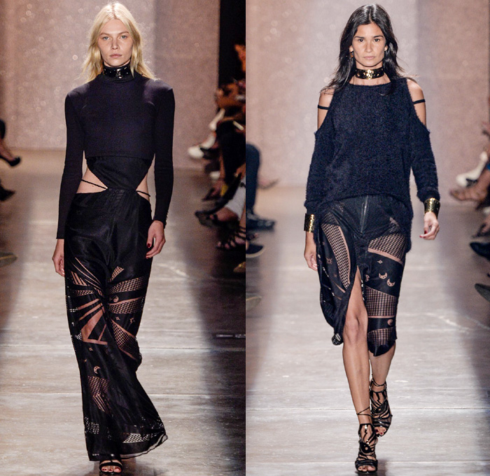 Lilly Sarti 2016 Winter Womens Runway Catwalk Looks - Temporada Inverno 2016 São Paulo Fashion Week Brazil Brasil Southern Hemisphere Moda Desfiles - Geometric Denim Jeans Crepe Pashmina Sheep Fur Shaggy Knit Leather 1970s Seventies Metallic Lace Up Pantsuit Turtleneck Noodle Strap Maxi Dress Crop Top Midriff Sweater Wide Leg Trousers Palazzo Pants Wrap Robe Sheer Chiffon Lasercut Drapery One Shoulder Paper Bag Waist