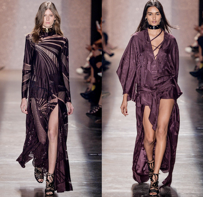 Lilly Sarti 2016 Winter Womens Runway Catwalk Looks - Temporada Inverno 2016 São Paulo Fashion Week Brazil Brasil Southern Hemisphere Moda Desfiles - Geometric Denim Jeans Crepe Pashmina Sheep Fur Shaggy Knit Leather 1970s Seventies Metallic Lace Up Pantsuit Turtleneck Noodle Strap Maxi Dress Crop Top Midriff Sweater Wide Leg Trousers Palazzo Pants Wrap Robe Sheer Chiffon Lasercut Drapery One Shoulder Paper Bag Waist