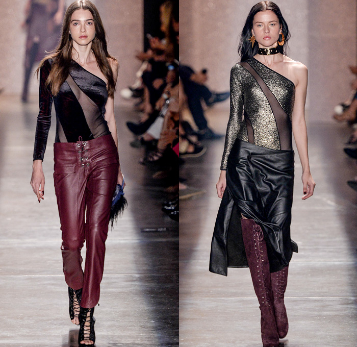 Lilly Sarti 2016 Winter Womens Runway Catwalk Looks - Temporada Inverno 2016 São Paulo Fashion Week Brazil Brasil Southern Hemisphere Moda Desfiles - Geometric Denim Jeans Crepe Pashmina Sheep Fur Shaggy Knit Leather 1970s Seventies Metallic Lace Up Pantsuit Turtleneck Noodle Strap Maxi Dress Crop Top Midriff Sweater Wide Leg Trousers Palazzo Pants Wrap Robe Sheer Chiffon Lasercut Drapery One Shoulder Paper Bag Waist