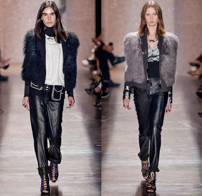 Lilly Sarti 2016 Winter Womens Runway Catwalk Looks - Temporada Inverno 2016 São Paulo Fashion Week Brazil Brasil Southern Hemisphere Moda Desfiles - Geometric Denim Jeans Crepe Pashmina Sheep Fur Shaggy Knit Leather 1970s Seventies Metallic Lace Up Pantsuit Turtleneck Noodle Strap Maxi Dress Crop Top Midriff Sweater Wide Leg Trousers Palazzo Pants Wrap Robe Sheer Chiffon Lasercut Drapery One Shoulder Paper Bag Waist