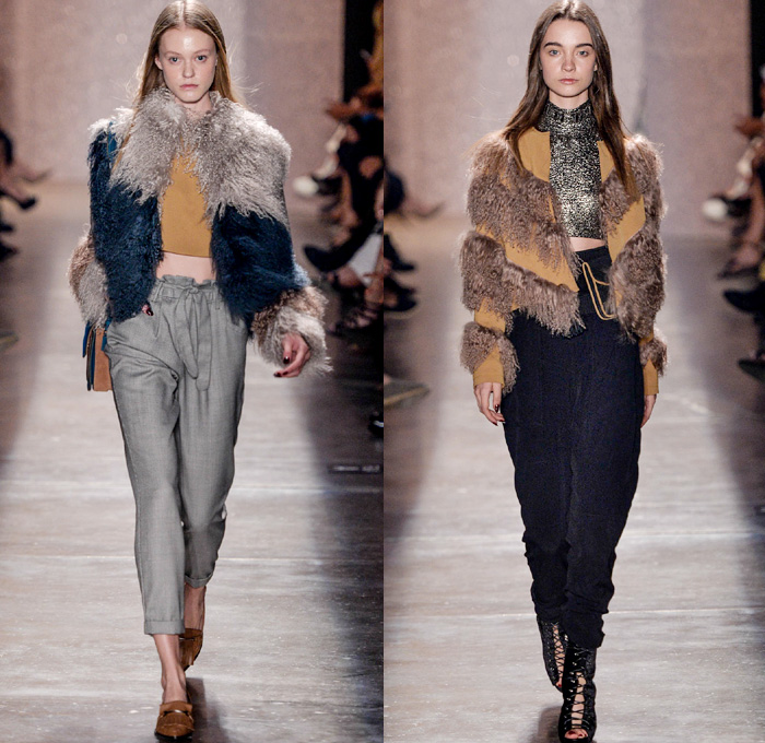 Lilly Sarti 2016 Winter Womens Runway Catwalk Looks - Temporada Inverno 2016 São Paulo Fashion Week Brazil Brasil Southern Hemisphere Moda Desfiles - Geometric Denim Jeans Crepe Pashmina Sheep Fur Shaggy Knit Leather 1970s Seventies Metallic Lace Up Pantsuit Turtleneck Noodle Strap Maxi Dress Crop Top Midriff Sweater Wide Leg Trousers Palazzo Pants Wrap Robe Sheer Chiffon Lasercut Drapery One Shoulder Paper Bag Waist