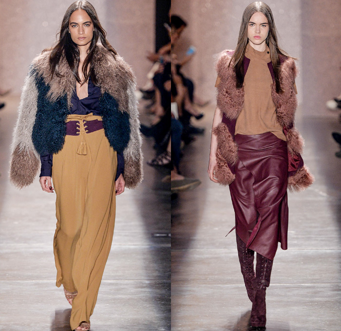 Lilly Sarti 2016 Winter Womens Runway Catwalk Looks - Temporada Inverno 2016 São Paulo Fashion Week Brazil Brasil Southern Hemisphere Moda Desfiles - Geometric Denim Jeans Crepe Pashmina Sheep Fur Shaggy Knit Leather 1970s Seventies Metallic Lace Up Pantsuit Turtleneck Noodle Strap Maxi Dress Crop Top Midriff Sweater Wide Leg Trousers Palazzo Pants Wrap Robe Sheer Chiffon Lasercut Drapery One Shoulder Paper Bag Waist