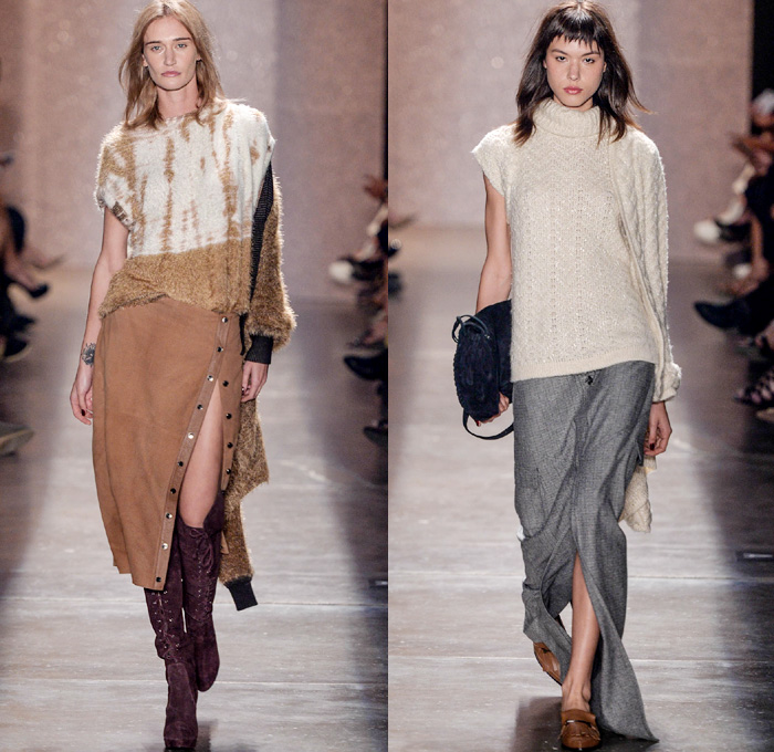 Lilly Sarti 2016 Winter Womens Runway Catwalk Looks - Temporada Inverno 2016 São Paulo Fashion Week Brazil Brasil Southern Hemisphere Moda Desfiles - Geometric Denim Jeans Crepe Pashmina Sheep Fur Shaggy Knit Leather 1970s Seventies Metallic Lace Up Pantsuit Turtleneck Noodle Strap Maxi Dress Crop Top Midriff Sweater Wide Leg Trousers Palazzo Pants Wrap Robe Sheer Chiffon Lasercut Drapery One Shoulder Paper Bag Waist