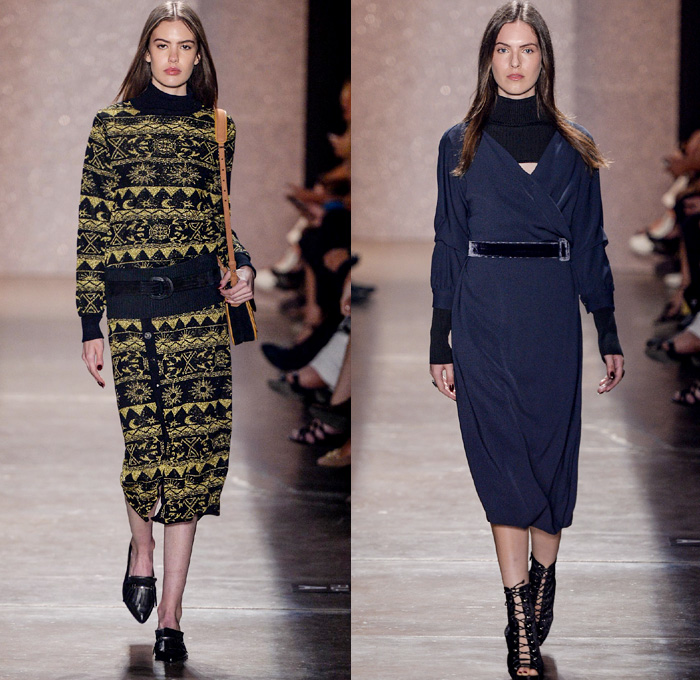 Lilly Sarti 2016 Winter Womens Runway Catwalk Looks - Temporada Inverno 2016 São Paulo Fashion Week Brazil Brasil Southern Hemisphere Moda Desfiles - Geometric Denim Jeans Crepe Pashmina Sheep Fur Shaggy Knit Leather 1970s Seventies Metallic Lace Up Pantsuit Turtleneck Noodle Strap Maxi Dress Crop Top Midriff Sweater Wide Leg Trousers Palazzo Pants Wrap Robe Sheer Chiffon Lasercut Drapery One Shoulder Paper Bag Waist
