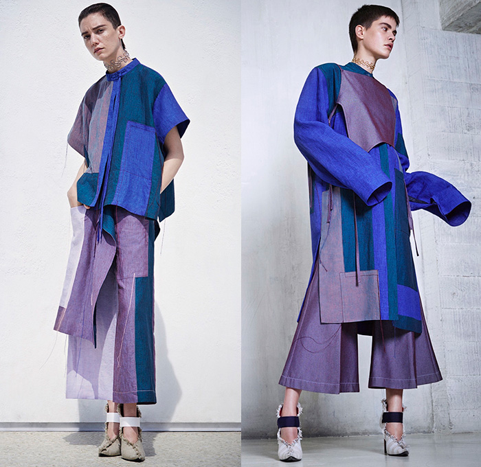 Acne Studios 2016 Resort Cruise Pre-Spring Womens Lookbook Presentation - Denim Jeans Patchwork Wide Leg Trousers Palazzo Pants Frayed Raw Hem Straps Apron Bib Blouse Long Sleeve Stripes High Slit Skirt Frock Dress Noodle Spaghetti Strap Flowers Florals Print Sheer Chiffon Tie Up Outerwear Trench Coat Plaid Tartan Cargo Pockets Poplin Linen Silk