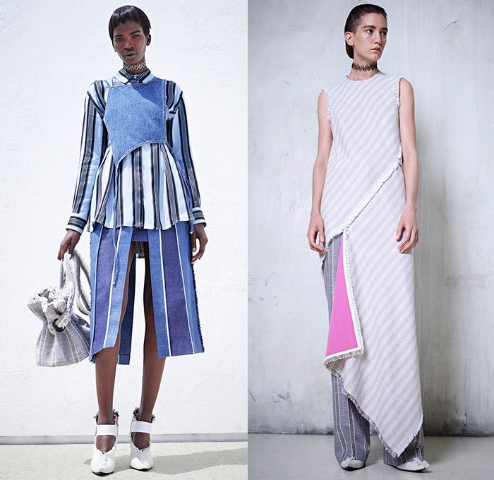 Acne Studios 2016 Resort Cruise Pre-Spring Womens Lookbook Presentation - Denim Jeans Patchwork Wide Leg Trousers Palazzo Pants Frayed Raw Hem Straps Apron Bib Blouse Long Sleeve Stripes High Slit Skirt Frock Dress Noodle Spaghetti Strap Flowers Florals Print Sheer Chiffon Tie Up Outerwear Trench Coat Plaid Tartan Cargo Pockets Poplin Linen Silk