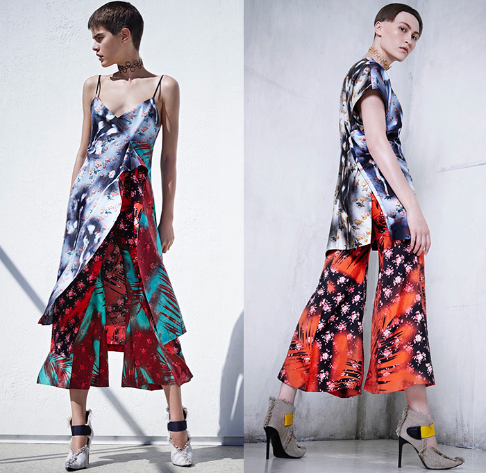 Acne Studios 2016 Resort Cruise Pre-Spring Womens Lookbook Presentation - Denim Jeans Patchwork Wide Leg Trousers Palazzo Pants Frayed Raw Hem Straps Apron Bib Blouse Long Sleeve Stripes High Slit Skirt Frock Dress Noodle Spaghetti Strap Flowers Florals Print Sheer Chiffon Tie Up Outerwear Trench Coat Plaid Tartan Cargo Pockets Poplin Linen Silk