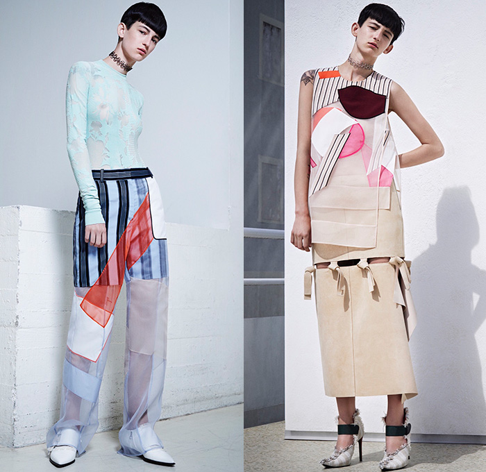 Acne Studios 2016 Resort Cruise Pre-Spring Womens Lookbook Presentation - Denim Jeans Patchwork Wide Leg Trousers Palazzo Pants Frayed Raw Hem Straps Apron Bib Blouse Long Sleeve Stripes High Slit Skirt Frock Dress Noodle Spaghetti Strap Flowers Florals Print Sheer Chiffon Tie Up Outerwear Trench Coat Plaid Tartan Cargo Pockets Poplin Linen Silk