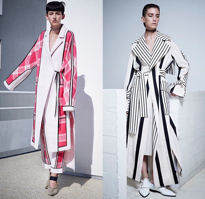 Acne Studios 2016 Resort Cruise Pre-Spring Womens Lookbook Presentation - Denim Jeans Patchwork Wide Leg Trousers Palazzo Pants Frayed Raw Hem Straps Apron Bib Blouse Long Sleeve Stripes High Slit Skirt Frock Dress Noodle Spaghetti Strap Flowers Florals Print Sheer Chiffon Tie Up Outerwear Trench Coat Plaid Tartan Cargo Pockets Poplin Linen Silk