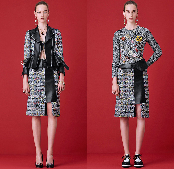 Alexander McQueen 2016 Resort Cruise Pre-Spring Womens Lookbook Presentation - Flowers Florals Botanical Sweet Pea Lily Of The Valley Begonia Hollyhock Cross-Stitch Snakeskin Brooch Weave Chunky Knit Tweed Sweater Jumper Moto Motorcycle Biker Leather Pencil Skirt Frock Motif Dress Gown Eveningwear Ruffles Sheer Chiffon Lace Lasercut Strapless Outerwear Coat Jacket Bow Tie Halter Top Corset