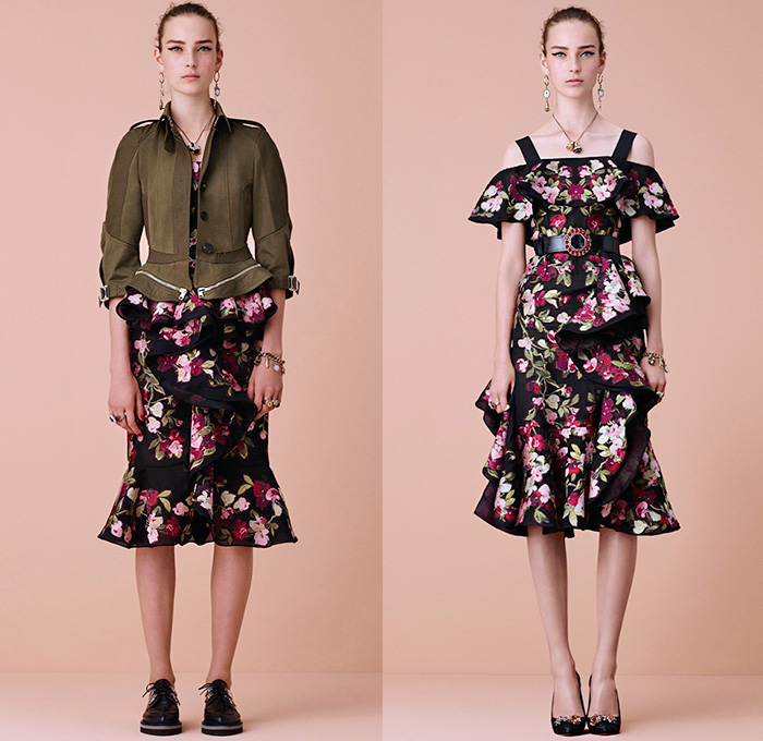 Alexander McQueen 2016 Resort Cruise Pre-Spring Womens Lookbook Presentation - Flowers Florals Botanical Sweet Pea Lily Of The Valley Begonia Hollyhock Cross-Stitch Snakeskin Brooch Weave Chunky Knit Tweed Sweater Jumper Moto Motorcycle Biker Leather Pencil Skirt Frock Motif Dress Gown Eveningwear Ruffles Sheer Chiffon Lace Lasercut Strapless Outerwear Coat Jacket Bow Tie Halter Top Corset