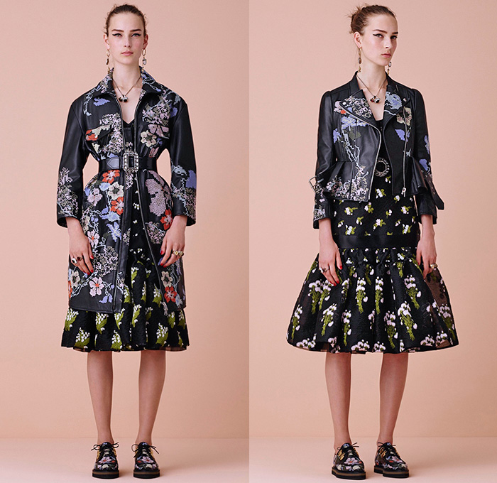 Alexander McQueen 2016 Resort Cruise Pre-Spring Womens Lookbook Presentation - Flowers Florals Botanical Sweet Pea Lily Of The Valley Begonia Hollyhock Cross-Stitch Snakeskin Brooch Weave Chunky Knit Tweed Sweater Jumper Moto Motorcycle Biker Leather Pencil Skirt Frock Motif Dress Gown Eveningwear Ruffles Sheer Chiffon Lace Lasercut Strapless Outerwear Coat Jacket Bow Tie Halter Top Corset