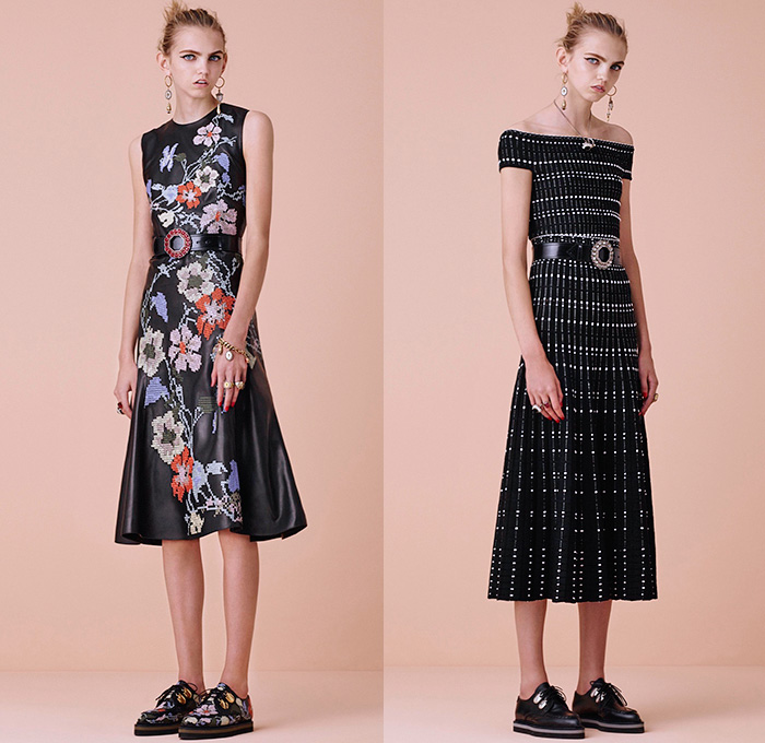 Alexander McQueen 2016 Resort Cruise Pre-Spring Womens Lookbook Presentation - Flowers Florals Botanical Sweet Pea Lily Of The Valley Begonia Hollyhock Cross-Stitch Snakeskin Brooch Weave Chunky Knit Tweed Sweater Jumper Moto Motorcycle Biker Leather Pencil Skirt Frock Motif Dress Gown Eveningwear Ruffles Sheer Chiffon Lace Lasercut Strapless Outerwear Coat Jacket Bow Tie Halter Top Corset