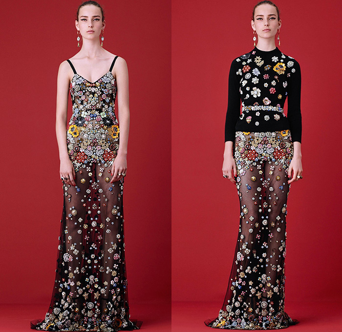 Alexander McQueen 2016 Resort Cruise Pre-Spring Womens Lookbook Presentation - Flowers Florals Botanical Sweet Pea Lily Of The Valley Begonia Hollyhock Cross-Stitch Snakeskin Brooch Weave Chunky Knit Tweed Sweater Jumper Moto Motorcycle Biker Leather Pencil Skirt Frock Motif Dress Gown Eveningwear Ruffles Sheer Chiffon Lace Lasercut Strapless Outerwear Coat Jacket Bow Tie Halter Top Corset