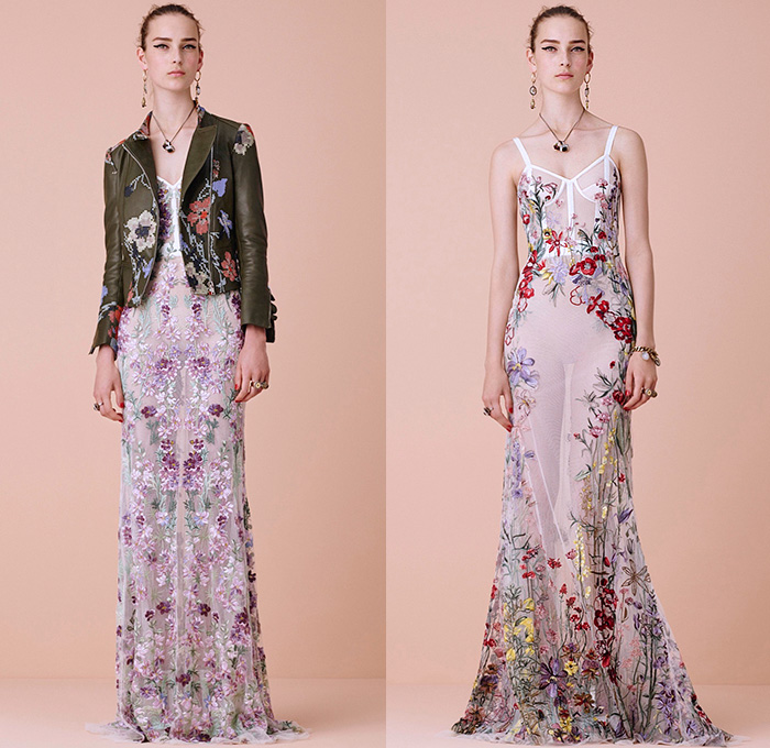 Alexander McQueen 2016 Resort Cruise Pre-Spring Womens Lookbook Presentation - Flowers Florals Botanical Sweet Pea Lily Of The Valley Begonia Hollyhock Cross-Stitch Snakeskin Brooch Weave Chunky Knit Tweed Sweater Jumper Moto Motorcycle Biker Leather Pencil Skirt Frock Motif Dress Gown Eveningwear Ruffles Sheer Chiffon Lace Lasercut Strapless Outerwear Coat Jacket Bow Tie Halter Top Corset