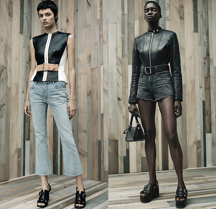 Alexander Wang 2016 Resort Cruise Pre-Spring Womens Lookbook Presentation - Denim Jeans Flare Cropped Pants Sleeveless Leather Belt Zipper Crop Top Midriff D-Ring Wide Leg Wide Trousers Palazzo Pants Sweatshirt Lace Noodle Spaghetti Strap Knit Sweater Jumper Perforated Skirt Frock Shirtparka Shorts Cargo Pockets Shirtdress Accordion Pleats Dress Sandals Wrap Outerwear Blazer