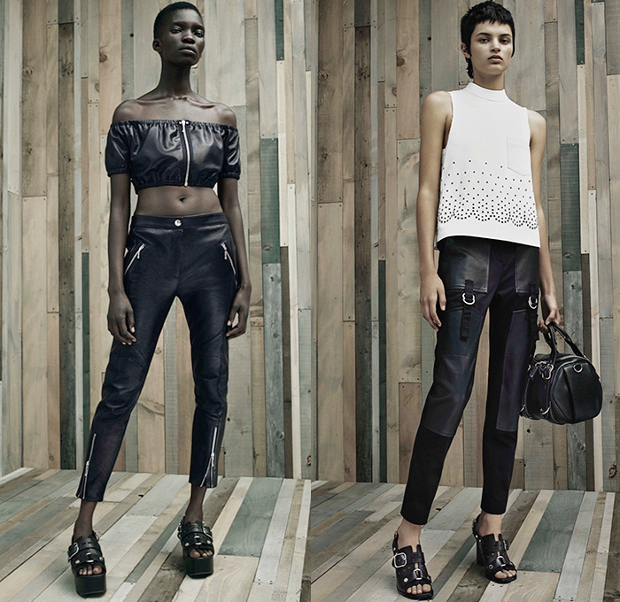 Alexander Wang 2016 Resort Cruise Pre-Spring Womens Lookbook Presentation - Denim Jeans Flare Cropped Pants Sleeveless Leather Belt Zipper Crop Top Midriff D-Ring Wide Leg Wide Trousers Palazzo Pants Sweatshirt Lace Noodle Spaghetti Strap Knit Sweater Jumper Perforated Skirt Frock Shirtparka Shorts Cargo Pockets Shirtdress Accordion Pleats Dress Sandals Wrap Outerwear Blazer