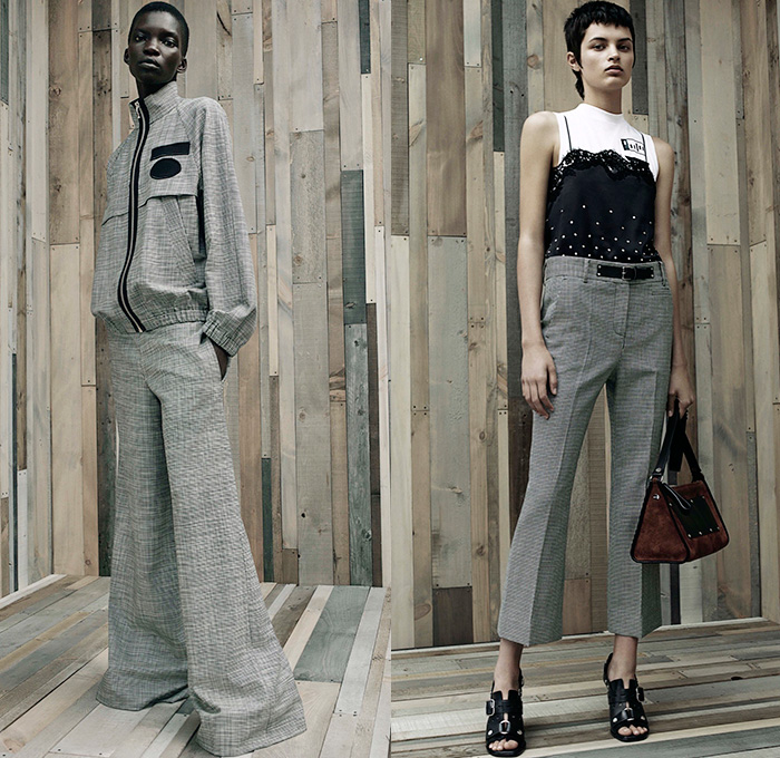 Alexander Wang 2016 Resort Cruise Pre-Spring Womens Lookbook Presentation - Denim Jeans Flare Cropped Pants Sleeveless Leather Belt Zipper Crop Top Midriff D-Ring Wide Leg Wide Trousers Palazzo Pants Sweatshirt Lace Noodle Spaghetti Strap Knit Sweater Jumper Perforated Skirt Frock Shirtparka Shorts Cargo Pockets Shirtdress Accordion Pleats Dress Sandals Wrap Outerwear Blazer