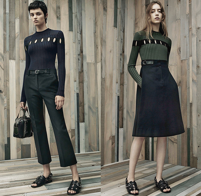 Alexander Wang 2016 Resort Cruise Pre-Spring Womens Lookbook Presentation - Denim Jeans Flare Cropped Pants Sleeveless Leather Belt Zipper Crop Top Midriff D-Ring Wide Leg Wide Trousers Palazzo Pants Sweatshirt Lace Noodle Spaghetti Strap Knit Sweater Jumper Perforated Skirt Frock Shirtparka Shorts Cargo Pockets Shirtdress Accordion Pleats Dress Sandals Wrap Outerwear Blazer