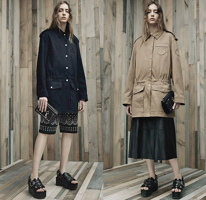 Alexander Wang 2016 Resort Cruise Pre-Spring Womens Lookbook Presentation - Denim Jeans Flare Cropped Pants Sleeveless Leather Belt Zipper Crop Top Midriff D-Ring Wide Leg Wide Trousers Palazzo Pants Sweatshirt Lace Noodle Spaghetti Strap Knit Sweater Jumper Perforated Skirt Frock Shirtparka Shorts Cargo Pockets Shirtdress Accordion Pleats Dress Sandals Wrap Outerwear Blazer